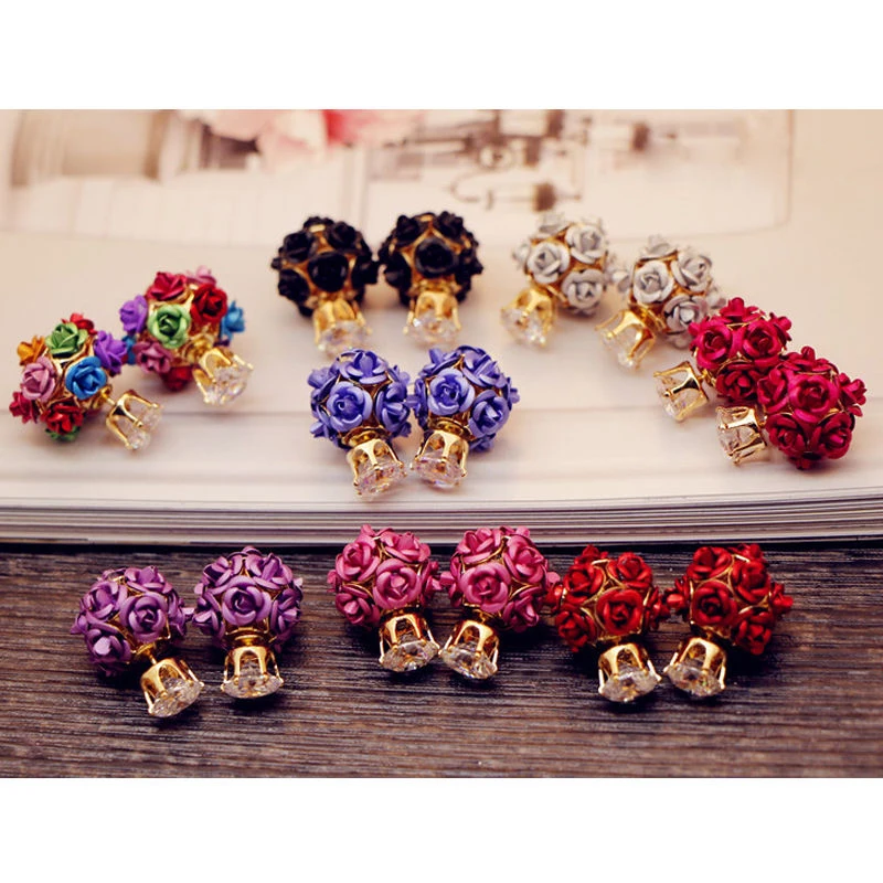 Shellhard Crystal Earring Femme Brincos Elegant Womens Double Sided Rose Flower Stud Earrings Fashion Jewelry Gift