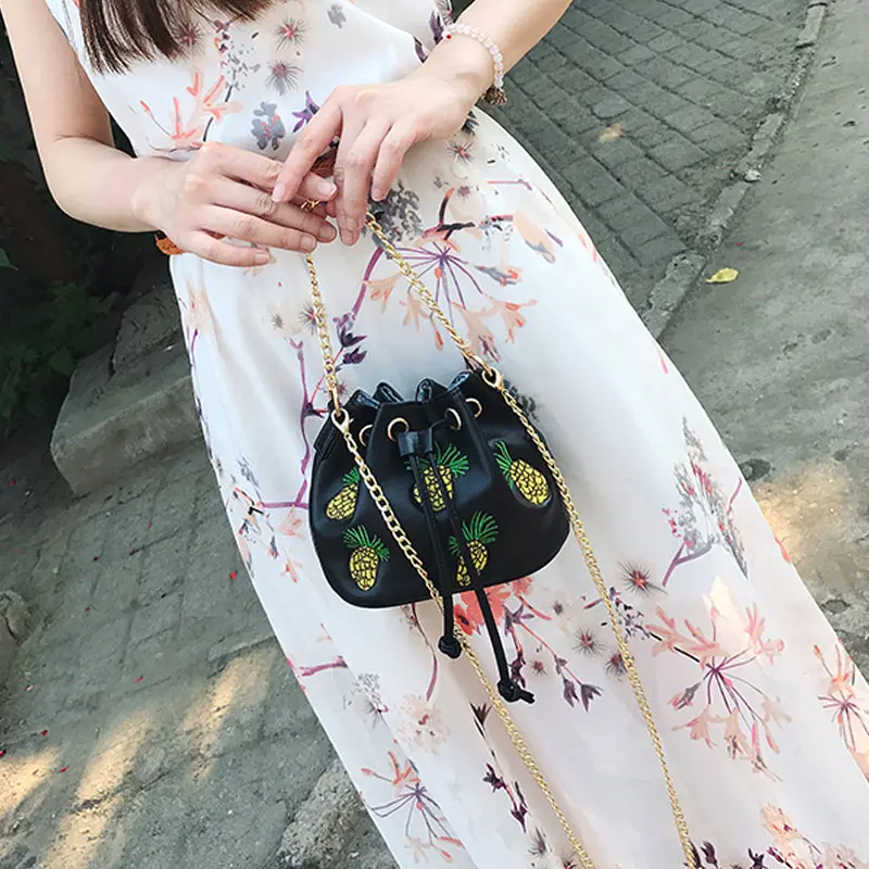 

Fashion Women Mini Messenger Bag Chain Drawstring Embroidery Thread Pineapple Pattern Handbag Ladies Shoulder Bags 88 Be