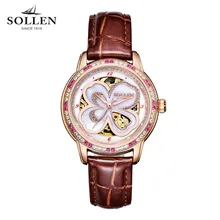 SOLLEN Lucky Clover female high-end diamond watch Italian calfskin strap automatic mechanical women watches kobiet zegarka