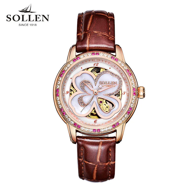 

SOLLEN Lucky Clover female high-end diamond watch Italian calfskin strap automatic mechanical women watches kobiet zegarka