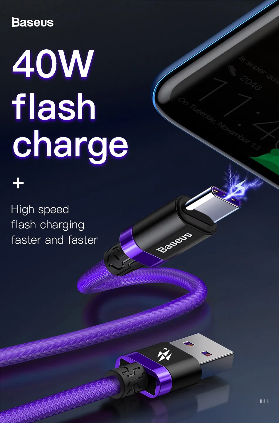 Кабель Baseus 5A usb type C для huawei P30 Lite mate 20 30 Pro Supercharge type C кабель Quick Charge 3,0 USB-C кабель для зарядного устройства