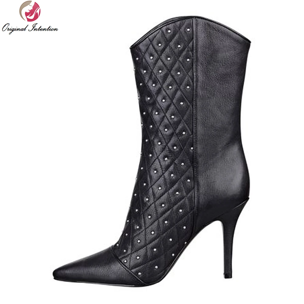 Original Intention New High-quality Women Mid-Calf Boots Pointed Toe Thin Heels Boots Soft Leather Shoes Woman Plus Size 4-15