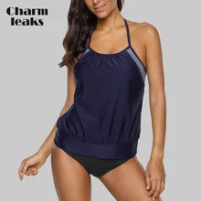 Charmleaks Women Tankini Set Swimwear Colorblock Swimsuit Strap Bathing Suit Beachwear Sexy Monokini Bikini dark grey sexy stripe colorblock bikini set