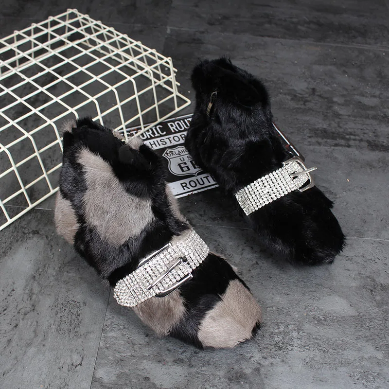 EXCARGO Woman Snow Boots Natural Mane Fur 2018 Rhinestone Female Fashion Warm Cotton Padded Shoes Buckle Woman Fur Snow Boots 40