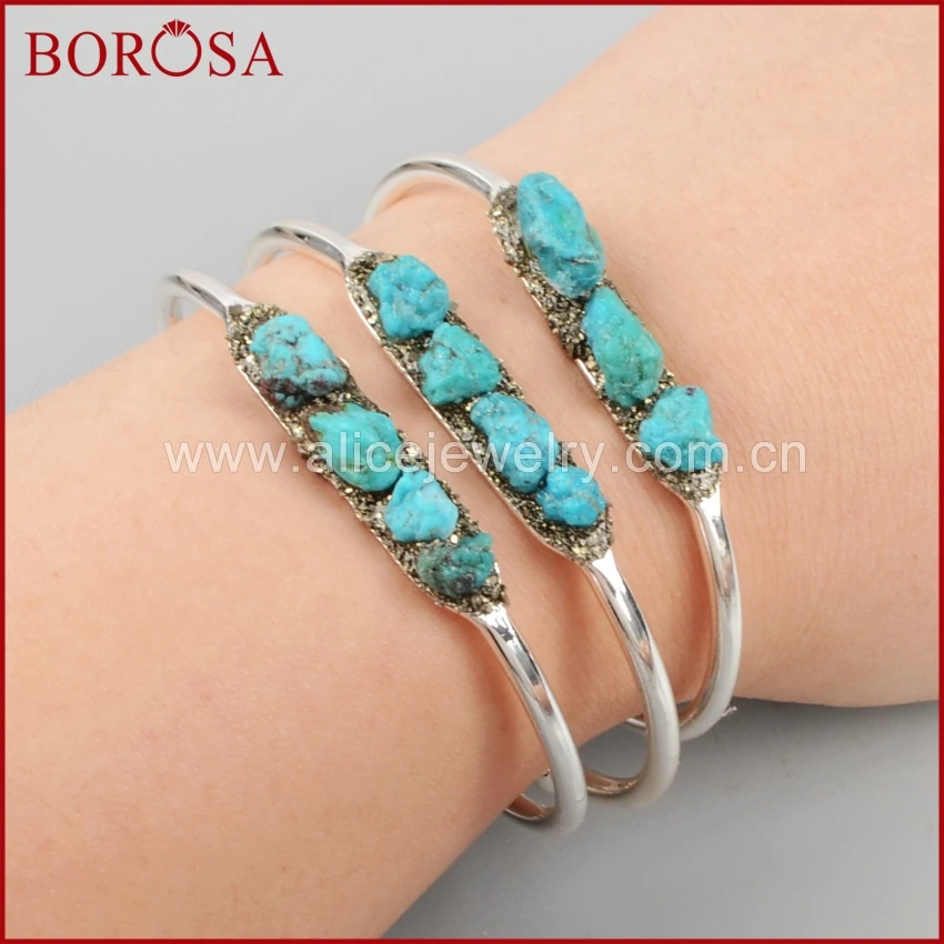 

BOROSA Silver Color Bangle Brass Freeform 100% Natural Blue Stone Druzy Pyrite Chips Bangle for Women S1191