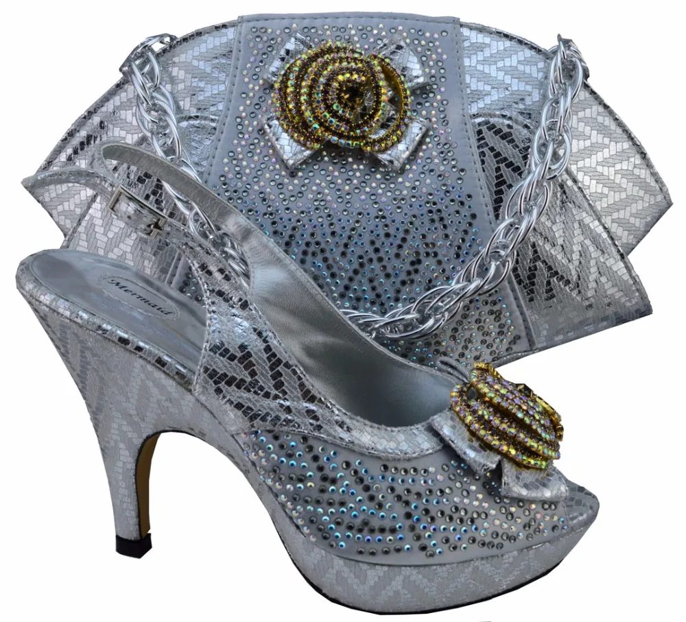 

Amazing silver African high heel sandal shoes nice matching with handbag sets with rhinestones for party MM1003 multi color