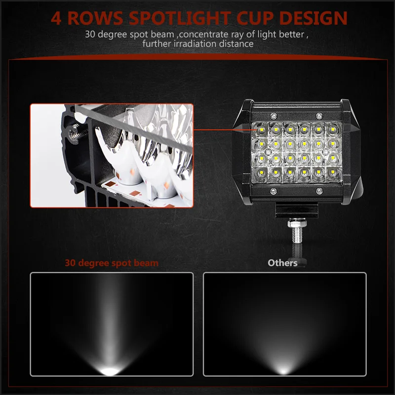Светодиодный светильник 12 24 В для внедорожников, 4 дюйма, четырехрядный светильник, 72 Вт, точечный, 4WD, ATV UTV, для вождения мотоцикла, Рабочая лампа, дополнительный головной светильник, автомобильная лампа