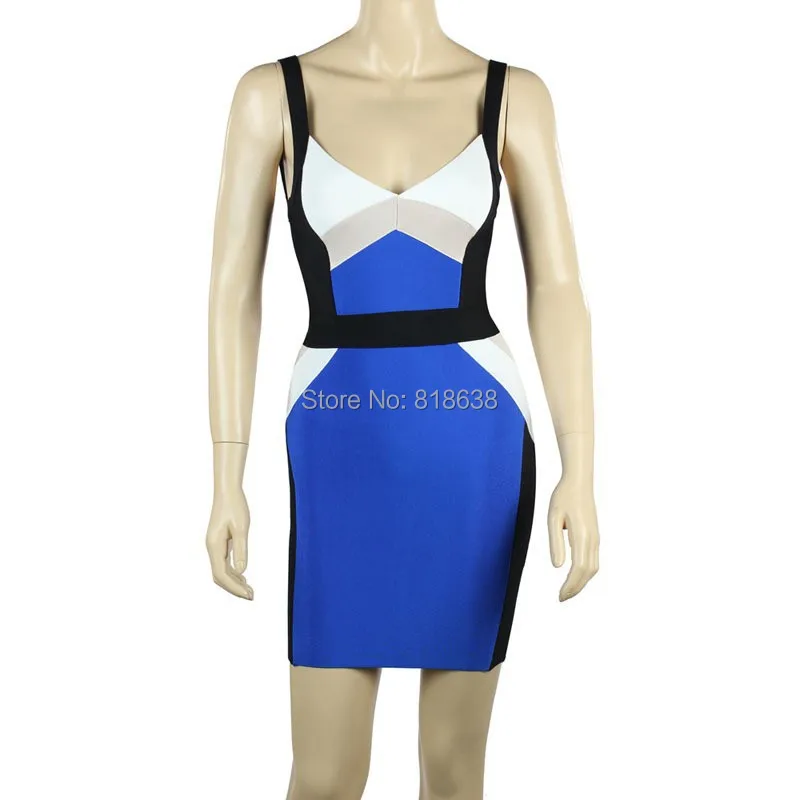 Синий цвет блок спагетти ремень трикотажные растягивается французский соединение bodycon бинты Платья платье+ костюм