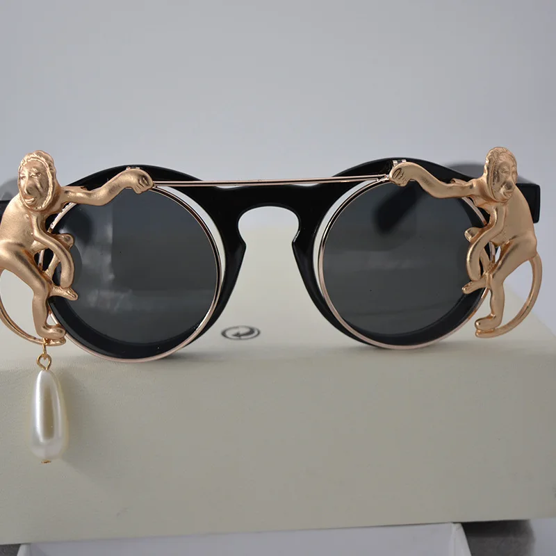 Металлические золотые солнцезащитные очки в стиле барокко с обезьяной, брендовые металлические ретро леопардовые оправы, пляжные Круглые Солнцезащитные очки с металлической цепочкой и жемчугом для женщин - Цвет линз: A1