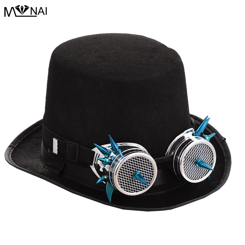 

Black Fedora Steampunk Victorian Top Hat For Women Men Steam Punk Rivets Glasses Hat Millinery Steampunk Red Spikes Goggles Hat