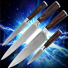 Hochwertigen küchenmesser vierteilige set geschirr farbe holzgriff 7Cr17stainless stahl klinge Damaskus stlye kochen werkzeuge