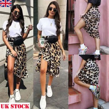 

2018 New High Waisted Asymmetric Stretch Leopard Skirt for Women Girl Party Mid-Calf Bodycon Skirt