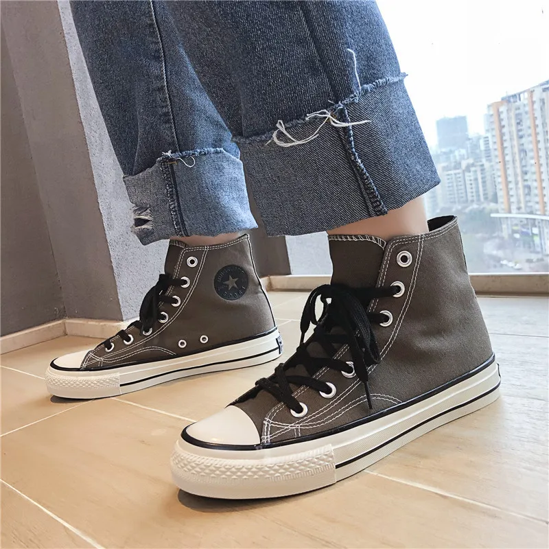 

Men Casual New yellow Canvas Shoes High Top Young Fashion Student Breathable Sneaker Black Lace Up Summer Vulcanize Shoes K2-57