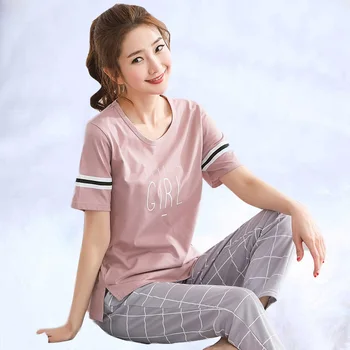 

Summer Home Wear Short Sleeve Top Letter Plaid Long Pants Pajamas Set 5XL Pajama Set Women Soft Sleepwear Female Pyjama Set