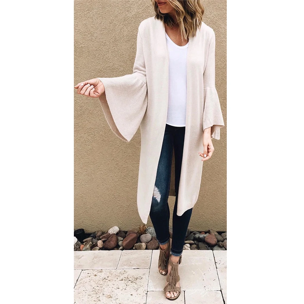 

Women Long Flare Sleeve Cardigan V-neck Loose Shirt Solid Color Knitwear Tunic AM0754