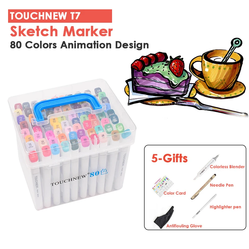 

TOUCHNEW 7th 80 Colors Animation Design Art Markers Sketch Marker Pens Set Double Headed Anime Art Supplies with 5 Gifts
