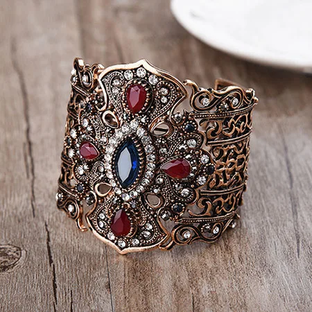Турецкие винтажные Свадебные ювелирные изделия, браслеты-манжеты на руку, Большие широкие регулируемые широкие золотые индийские браслеты для женщин - Окраска металла: blue