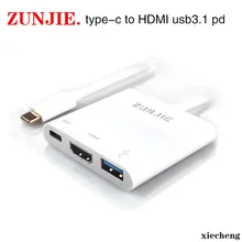 

ZunJie Type C USB 3.1 to USB 3.0 / HDMI Female Charger Adapter 3-in-1 Support 4K for Apple Macbook and Google Chromebook Pixel