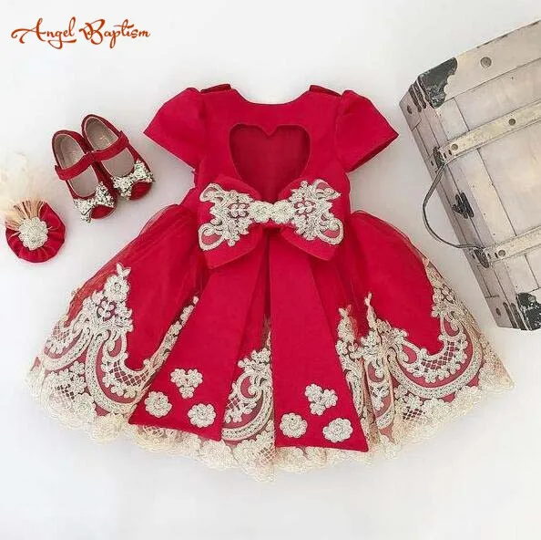 

Red ball gown baby girl birthday pageant dresses princess short sleeves keyhole back prom party gown kids graduation outfit