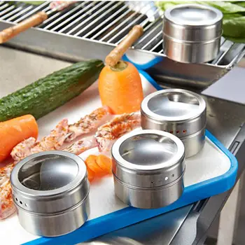 

6pcs Stainless Steel Seasoning Containers Visible Magnetic Base Spice Jars Pepper Containers Condiment Tins for Kitchen