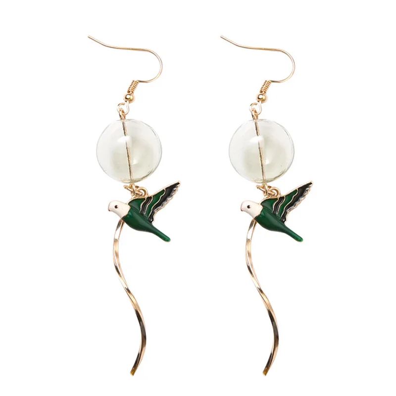 

2018 Green Glass Bubble Enamel Flying Swallow Bird Long S Shape Strip Tassel Drop Earrings for Women Party Handmade Jewelry Gift
