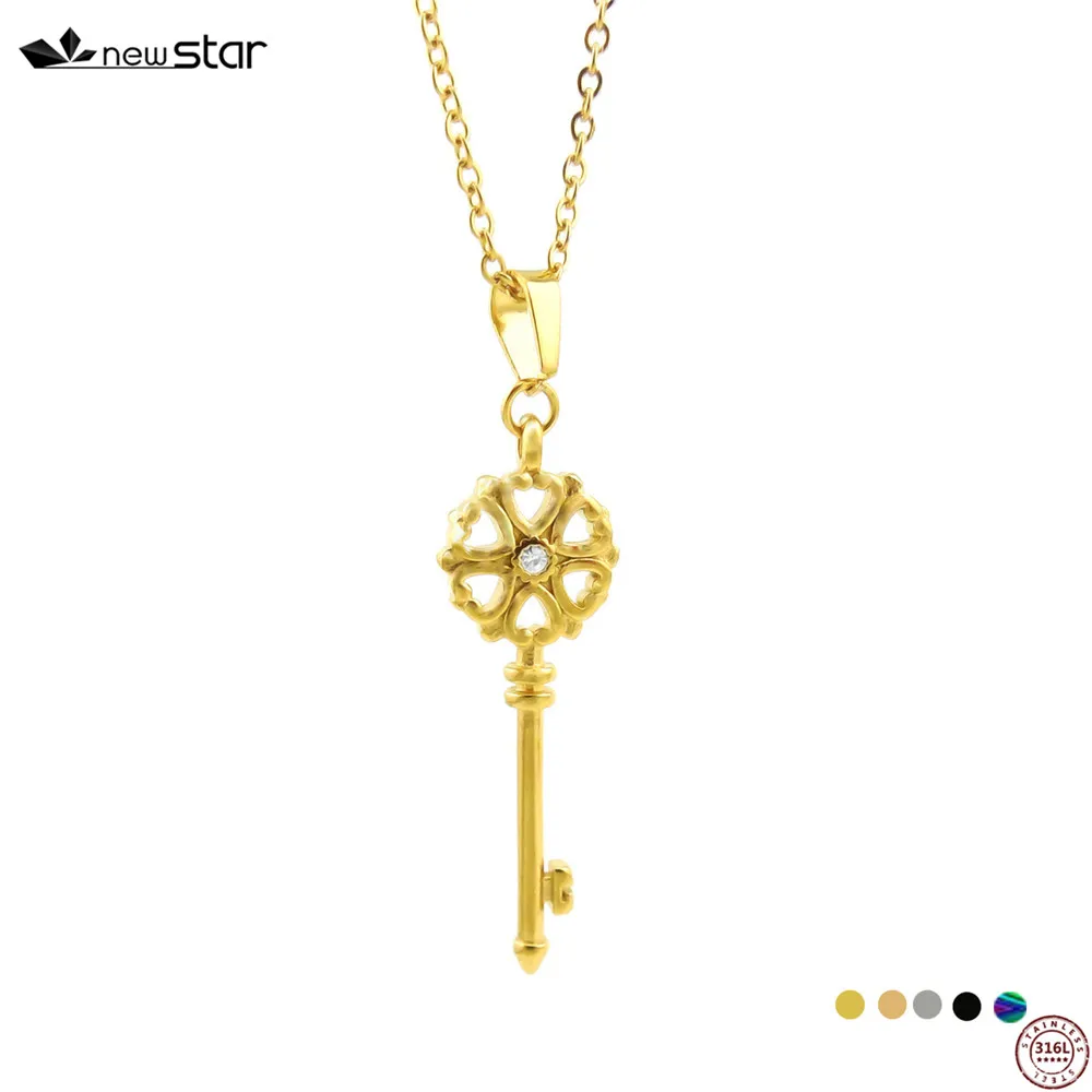 

Gold Key Pendant Necklace Titanium Stainless steel Gold Chain Necklace Inlaid Zircon Fashion Trendy Women Jewelry