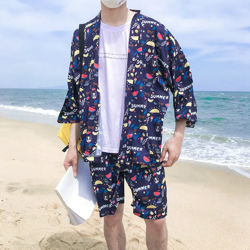 Спортивный костюм для молодых мужчин с принтом арбуза, мороженого, пляжный Повседневный свободный комплект одежды, летний Гавайский Мужской комплект из 2 предметов, плюс 2XL - Цвет: Синий