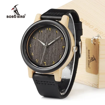 

BOBO BIRD EN16 Unisex Ebony And Bamboo Wood Quartz Analog Watch Dial 40mm With Real Leather Watch Bands