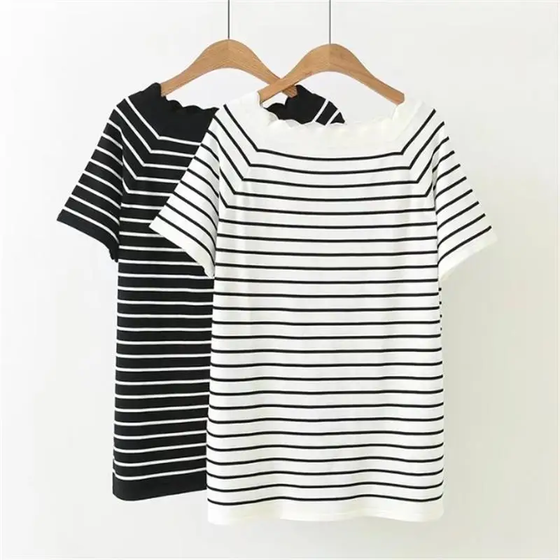 

Plus size white & black striped knitted summer women T-shirts 2018 casual slash neck tshirt short sleeve ladies top female 5XL