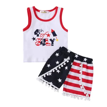 

My First 4th of July cotton Outfits Summer sleeveless tops+Striped shorts Newborns Baby Boys American Flag Independence Day 2pcs