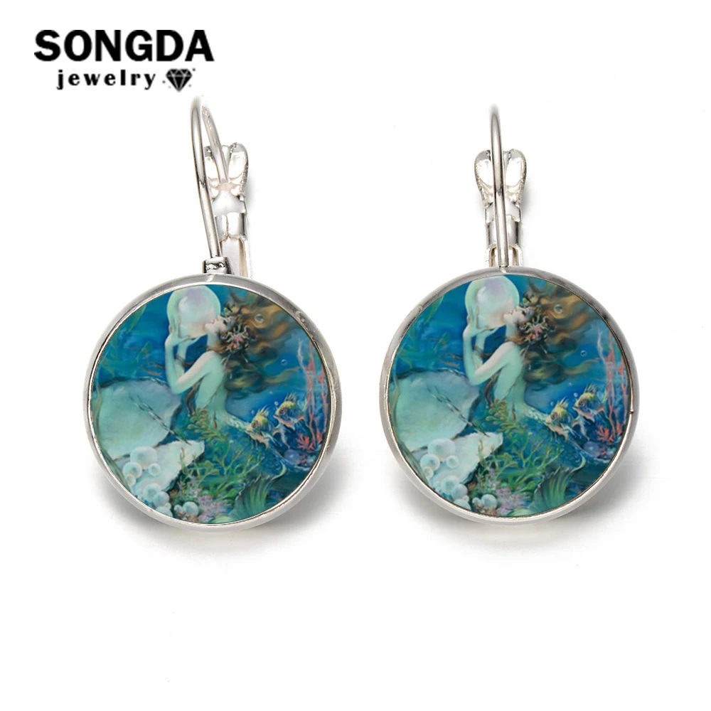 

SONGDA Ocean World Mermaid Earrings Legend Beautiful Animals Cartoon Printed Glass Cabochon Drop Earrings for Women Girl Brincos