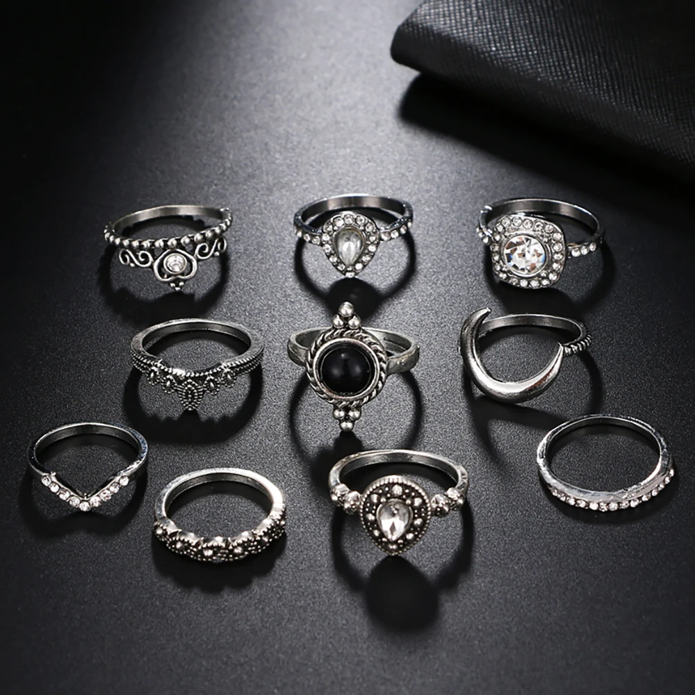 FAMSHIN 10PCS/Set Vintage Antique Silver Moon Heart Ring Set Crown Opal Stone Finger Midi Rings Set for Women Boho Jewelry Gift