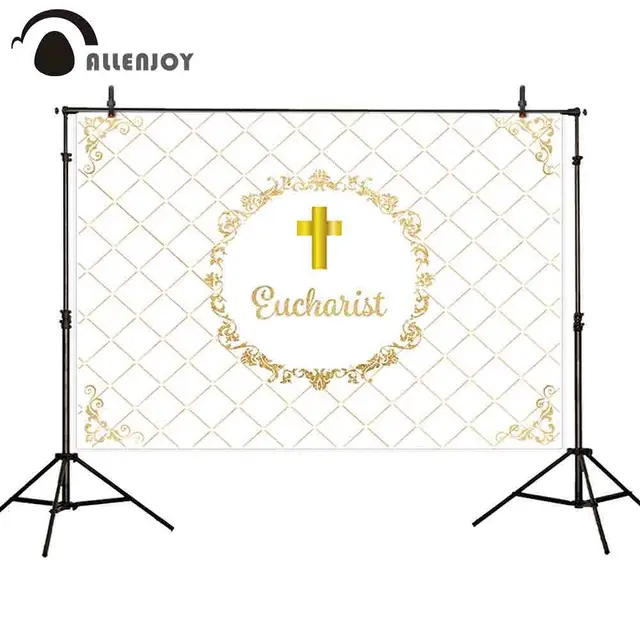 Allenjoy backdrop wallpapers golden damask frame cross baptism children first Communion celebration photo background photocall
