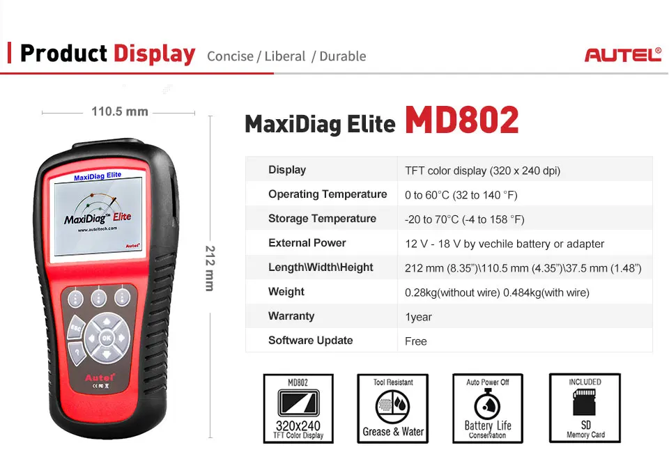 AUTEL MaxiDiag Elite MD802 Diaglink OBD2 сканер Все и 4 системы авто код ридер EPB сброс масла OBD 2 диагностический инструмент PK MD805