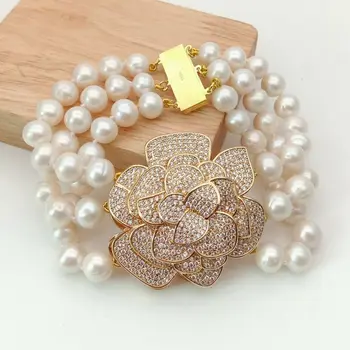 

8'' 3 Rows White Pearl Golden Plated Cz Flower Bracelet