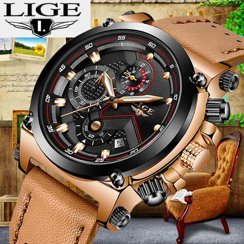

LIGE Quartz Sport Luxury Waterproof Watch Top Brand Men Leather Automatic Date Watch Fashion Business Chronograph reloj hombre