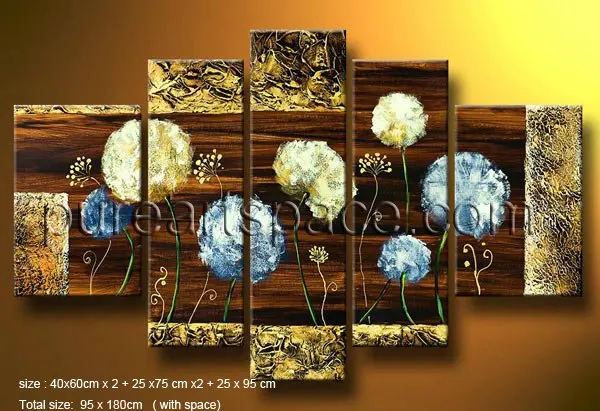

5 panel Hand Painted Yellow and blue Dandelion blossom Oil Painting Modern Group flowers wall art Drop shipping