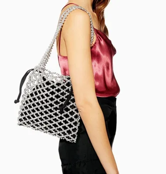 

INS Fashion Beaded Pearl Handbag For Women Clutch Evening Bag Wedding Party Bag Purse Totes Handmade Hollow Out Woven Handbag