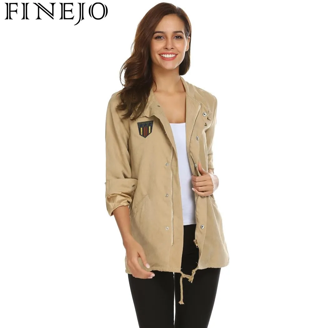 astounding  FINEJO women Jacket Outwear Autumn Spring Drawstring Coat Long Sleeve Feminino Casaco Solid appliqu
