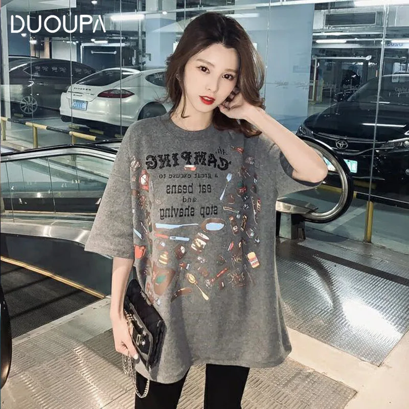 

Oversized Loose Casual Cartoon Print Kawaii O-Neck Print T-Shirt Solid Color T-Shirt Women's Short Sleeve Letter