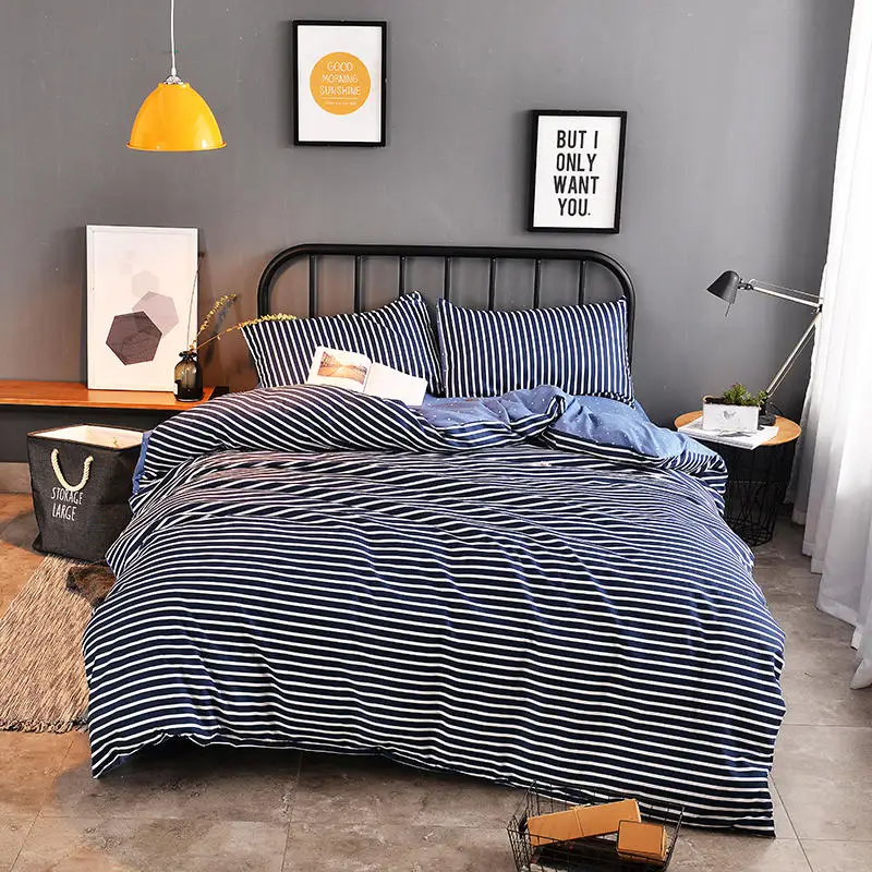 

2018 New Hot!!Free Shipping Strip AB Side Style 4PCS BEDDING SET pillowcase bedsheet QUILT COVER BED SET Blue Mix Strips bedding