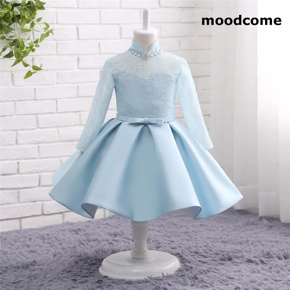 2018 New cheap Flower Girl Dresses Tea Length Satin High Neck Long Sleeve Lace Ball Gown first communion dresses for girls | Свадьбы и