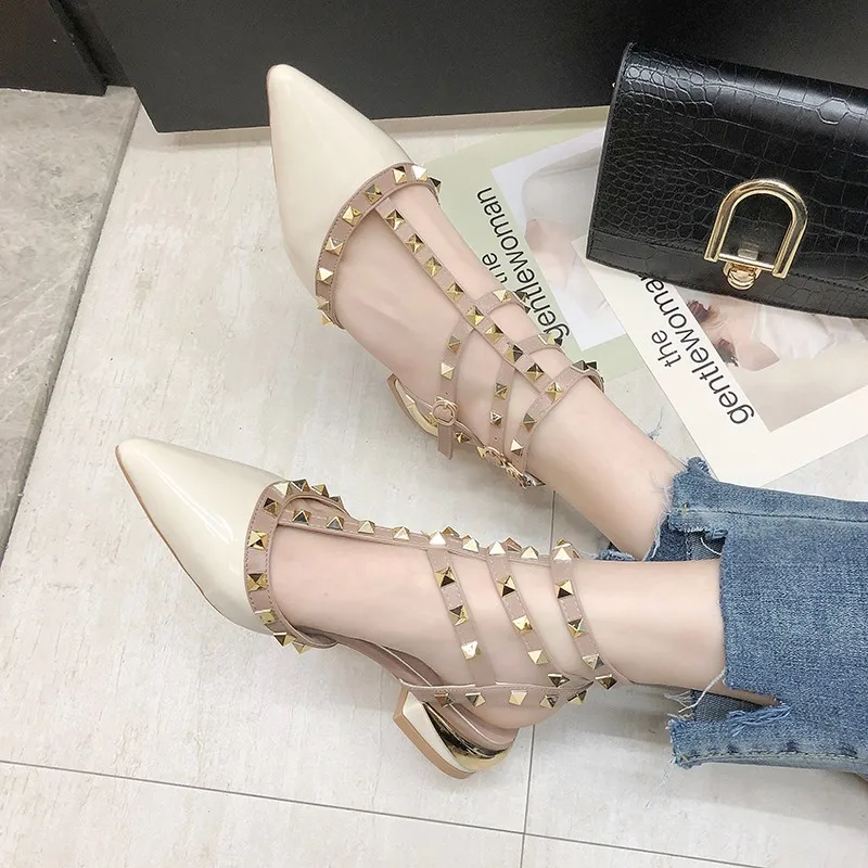 

Sandals female fairy wind new summer fashion pointed rivet word buckle thick with shallow mouth women sandals womens shoes