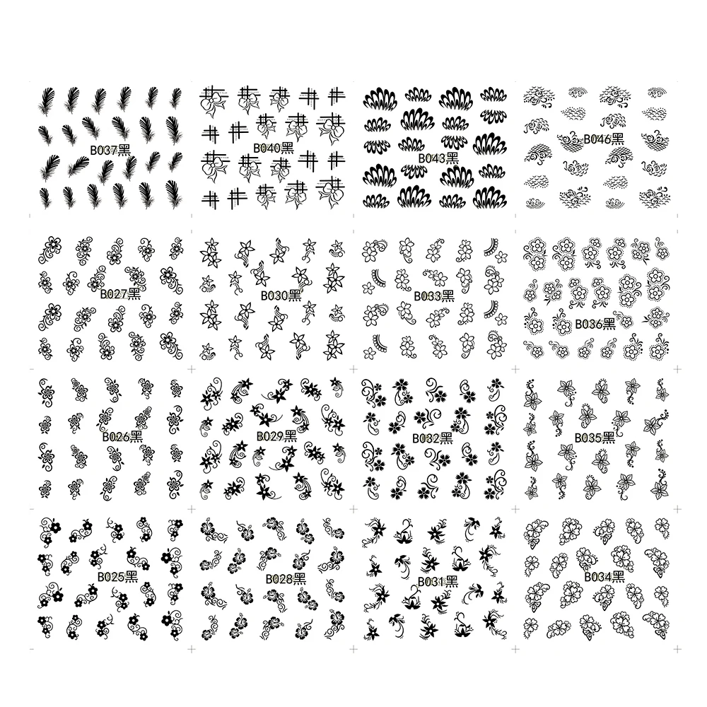 48 designs white black cute flowers water transfer nail stickers
