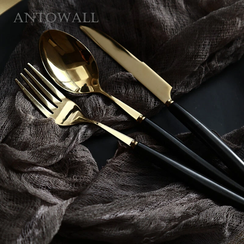 

ANTOWALL 3Pcs/Set High Grade Golden Silvery Knife Fork Spoon 304 Stainless Steel Dinner Knife Fork Set Black And White Handle