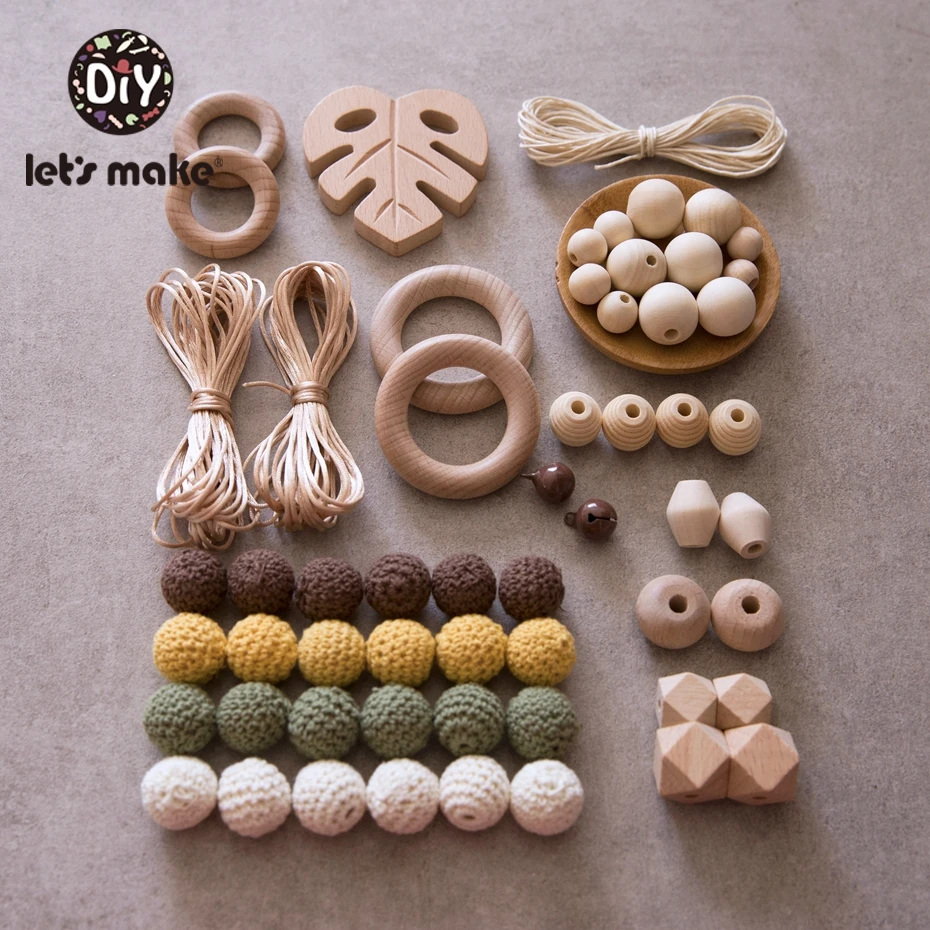 

Let's Make 1 Set Wooden Teether Accessories Beech Maple Leaves Colorful Crochet Beads Baby Hands-on Toys Rattles Baby Teether