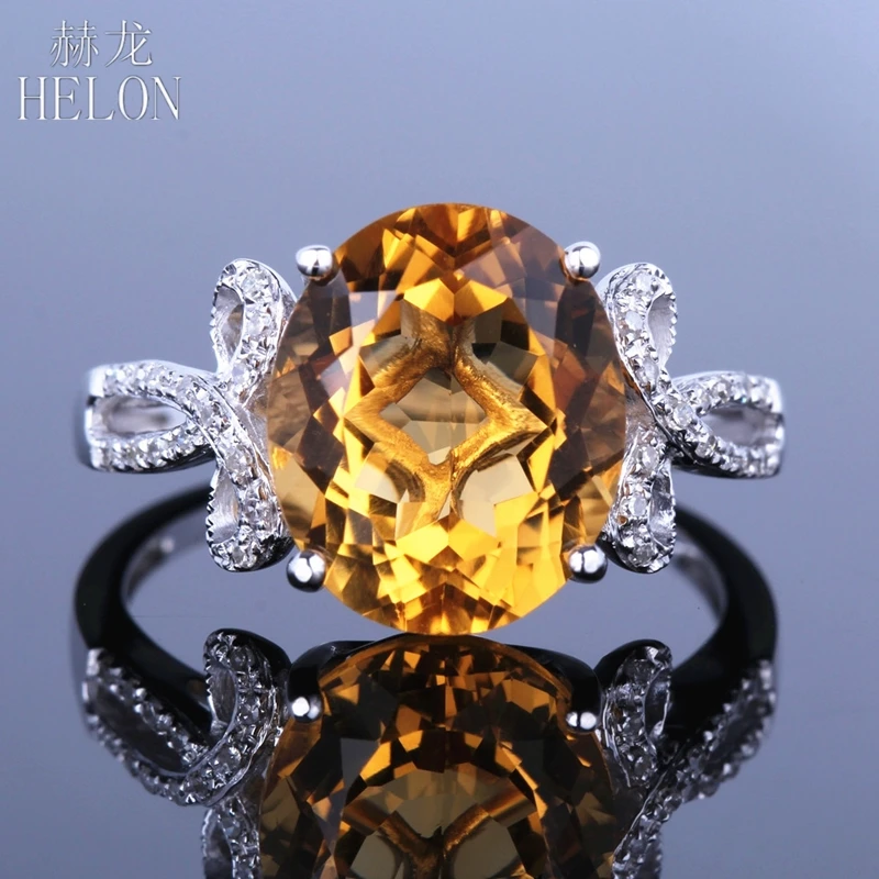 

HELON Women's Solid 14K White Gold Oval 10x12mm Cut Flawless 4.6CT Genuine Citrine Pave Real Diamonds Engagement Wedding Ring