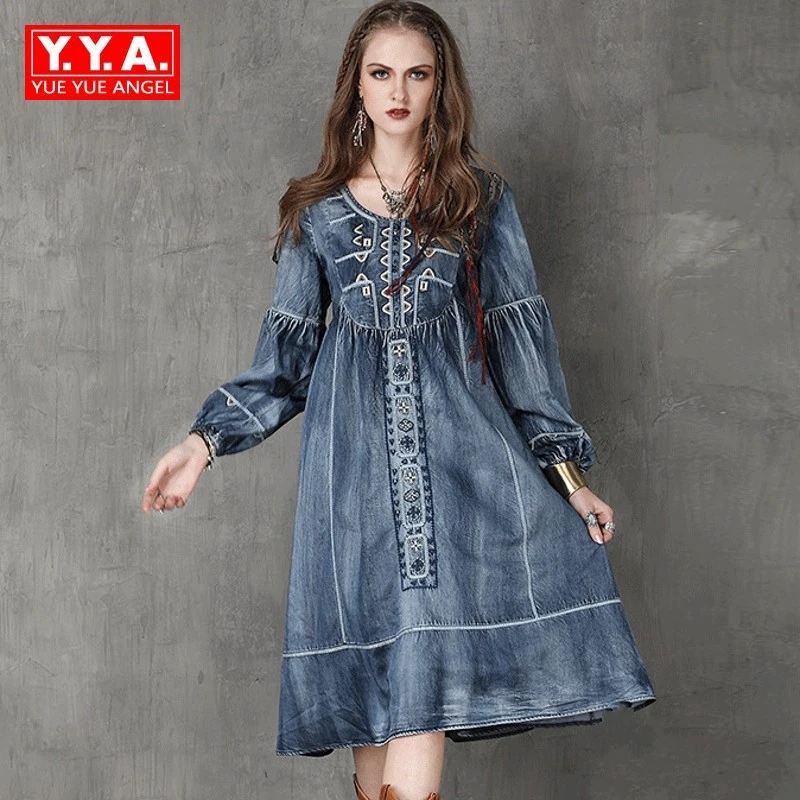 New Fashion Embroidery Women Dress Jean Denim Indie Folk Female Brand Dress Loose Vestidos Robe Femme Lantern Sleeve Plus Size