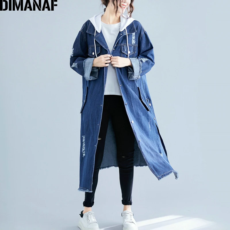 Женская куртка из джинсовой ткани DIMANAF, свободный кардиган-пальто с дырками и длинным рукавом, верхняя одежда большого размера с капюшоном, для осени и зимы