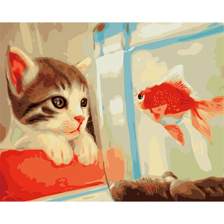 

The cat and fish digital oil painting home decoration hand-painted painting oil Painting for Numbers easter